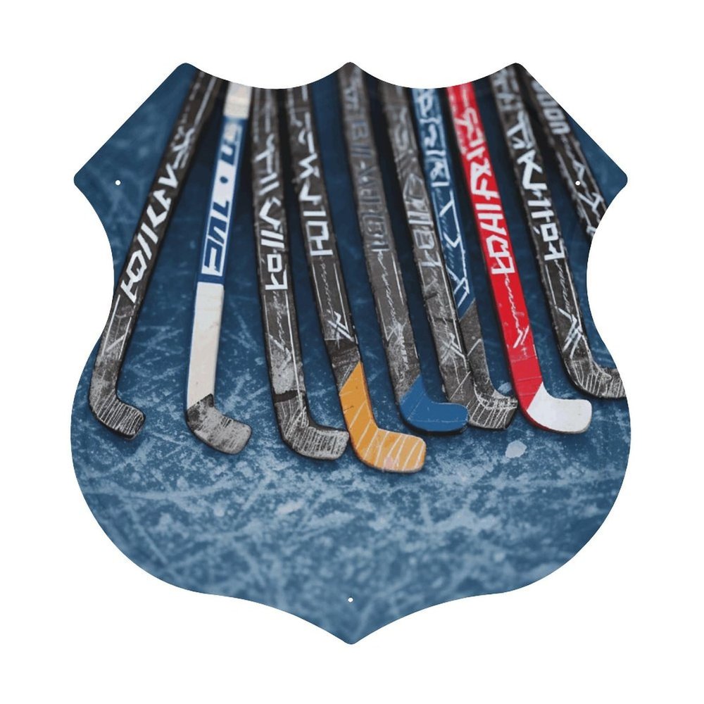 YKUDBN Shield-Shaped Wall Art, Hockey Stick Print, Vintage Metal Sign