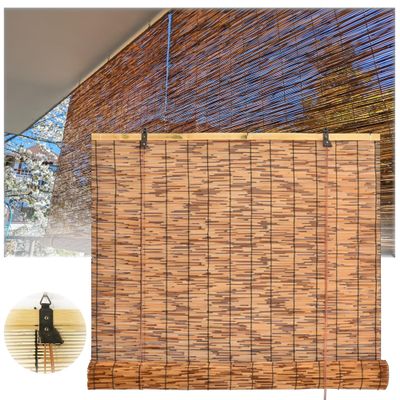 SSFMSF Retro Carbonized Natural Reed Handwoven Bamboo Sunshade Blind with Lifter, 135 x 295 cm (53.15 x 116.14 in)