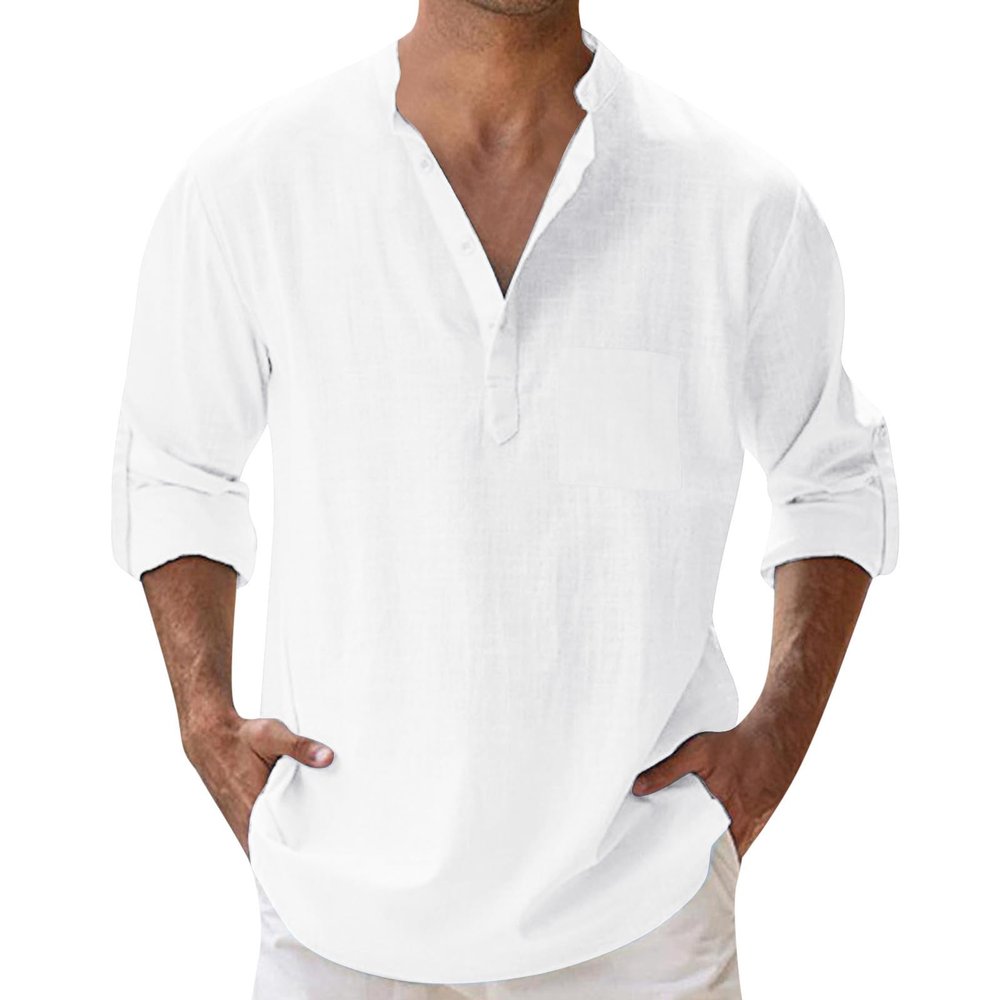 Rrongwn Men's Long-Sleeve Linen-Cotton Shirt, Regular Fit, Casual Summer Beach Shirt