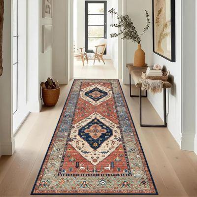 ZUZEKU Boho Runner Rug for Hallway and Kitchen, Washable Non-Slip, 60 x 500 cm, Red and Blue