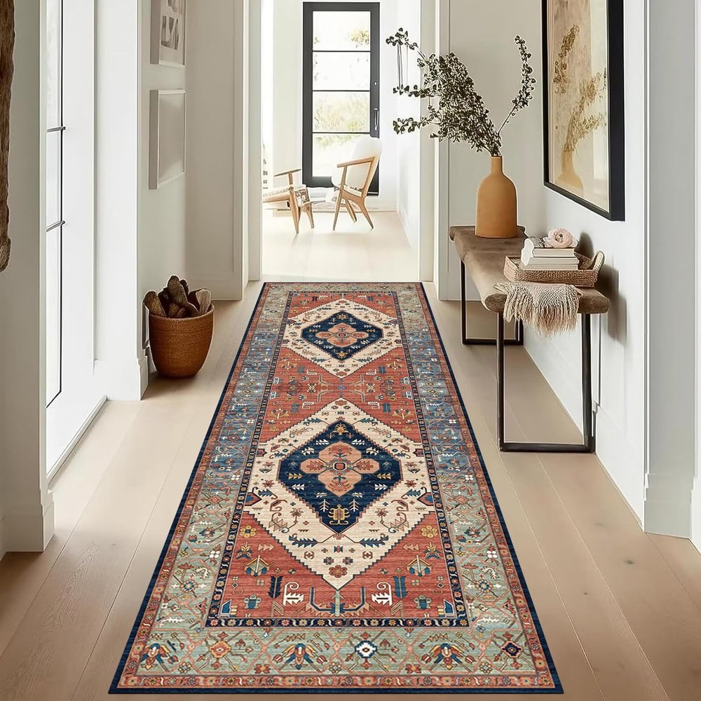 ZUZEKU Boho Runner Rug for Hallway and Kitchen, Washable Non-Slip, 60 x 500 cm, Red and Blue