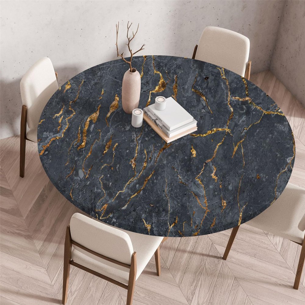 Odot Washable Elastic Round Tablecloth, Black Marble, Classic Gray, 140 cm