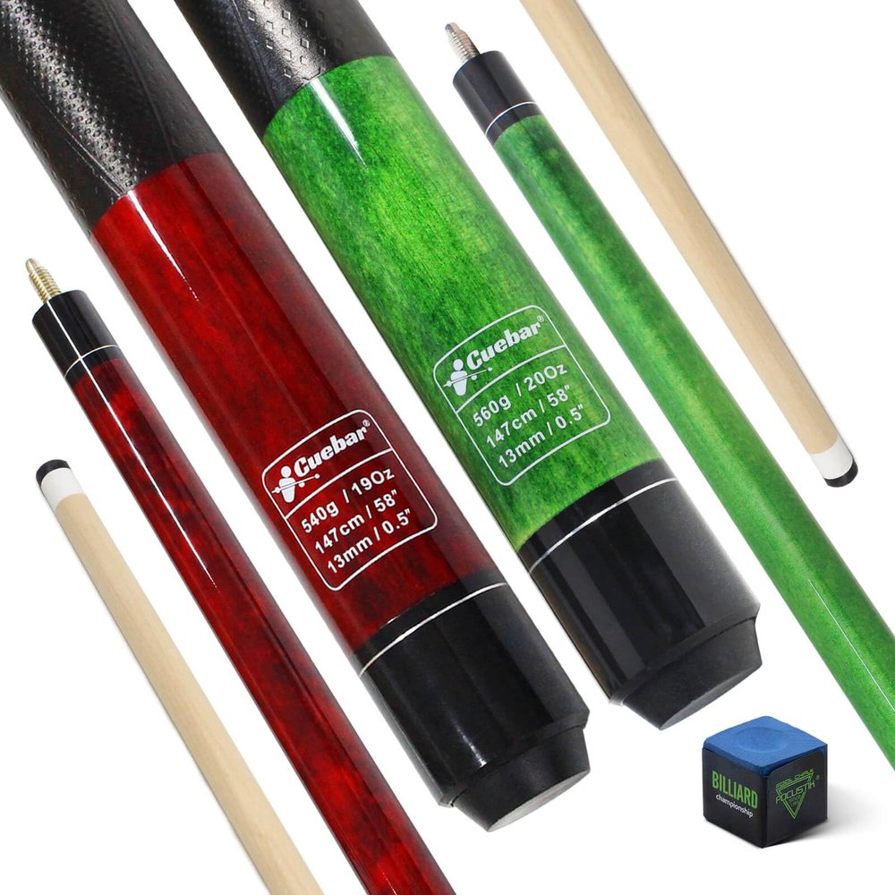 CUEBAR Pool Cues, 2-Piece Set, 58-Inch Pool Sticks for Adults, 2 House-Bar Billiard Cues with 3D Grip, Green + Red