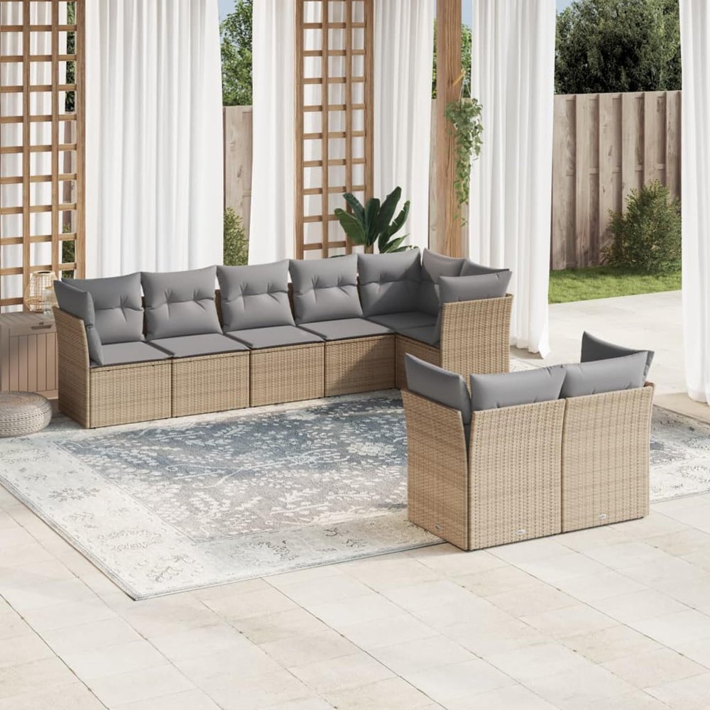 ZEYUAN 8-Piece Beige Poly Rattan Garden Sofa Set with Cushions