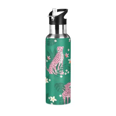 Stainless Steel Water Bottle with Straw, Pink Leopards, Flowers & Green, 900 ml