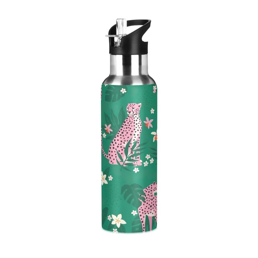 Stainless Steel Water Bottle with Straw, Pink Leopards, Flowers & Green, 900 ml