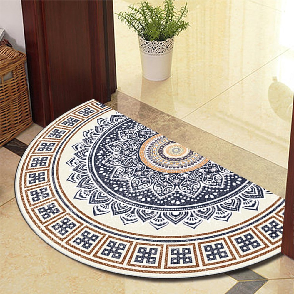 ARBOEE Boho Mandala Half-Moon Doormat, Indoor/Outdoor, Non-Slip, Absorbent, Washable, Yellow Circle, 80 x 130 cm