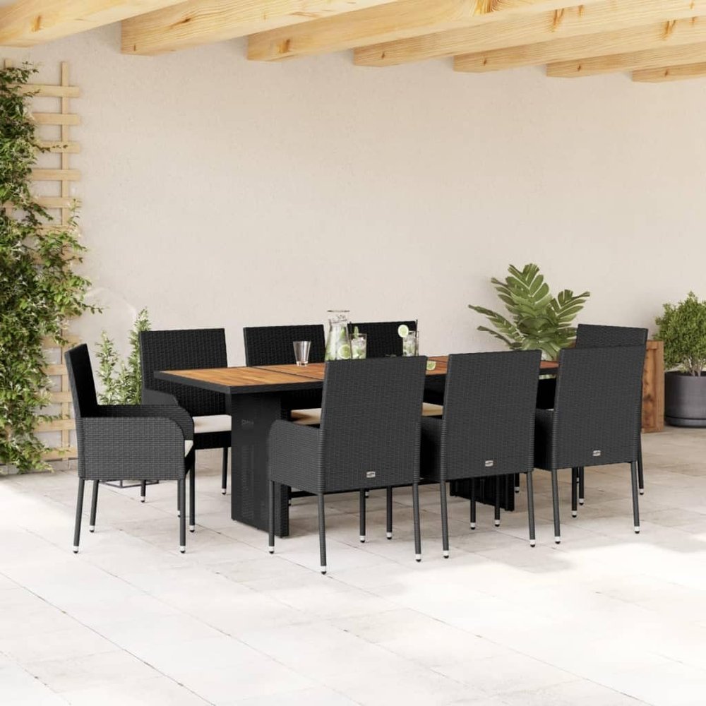 CIADAZ 9-Piece Black Poly Rattan Garden Dining Set with Cushions - 3213511