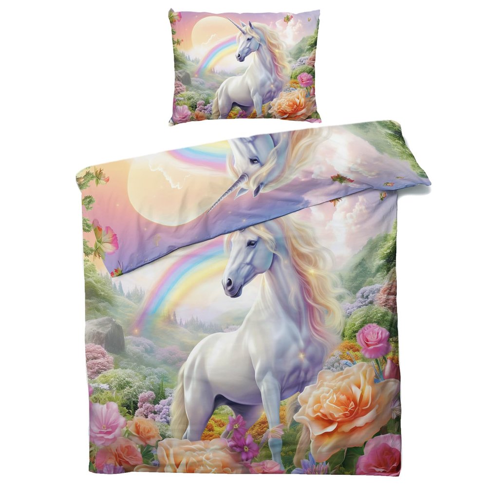 Unicorn Kids' Bedding Set 135 x 200 cm, Rainbow Flowers, 2-Piece, Microfiber