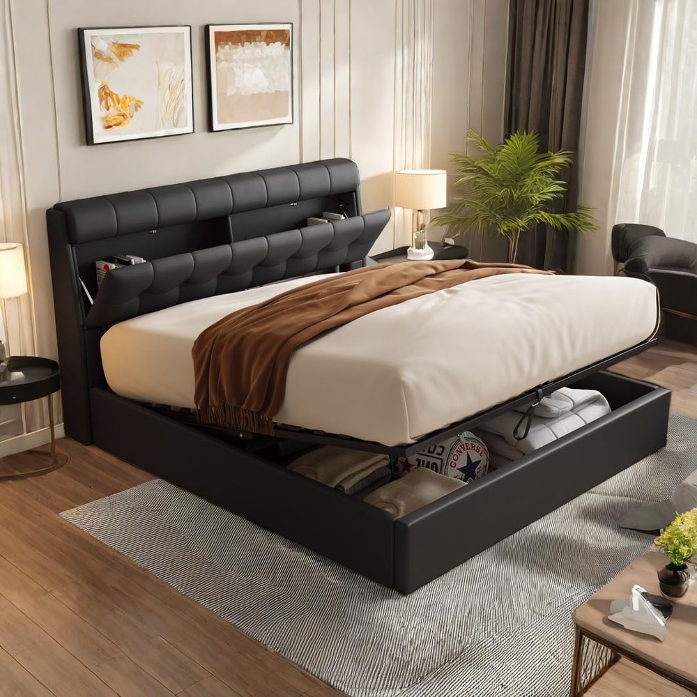 160 x 200 cm Storage Bed with Hidden Headboard Compartment, Hydraulic Lift and Slatted Base, Black PU