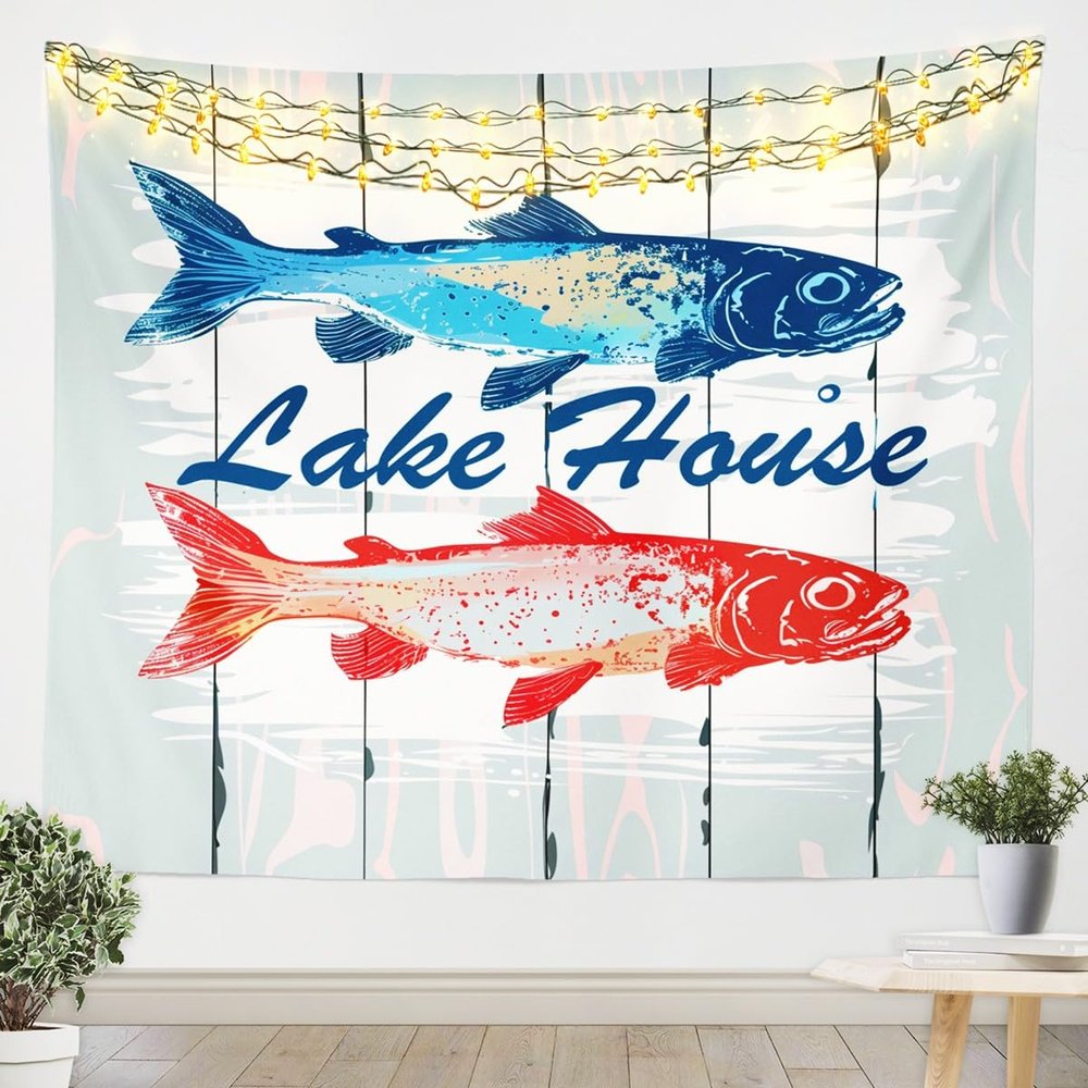 FeelingYou See House Fish Hunting Cabin Lodge Tapestry, Blue Red White Rustic Wood Wall Hanging, XL