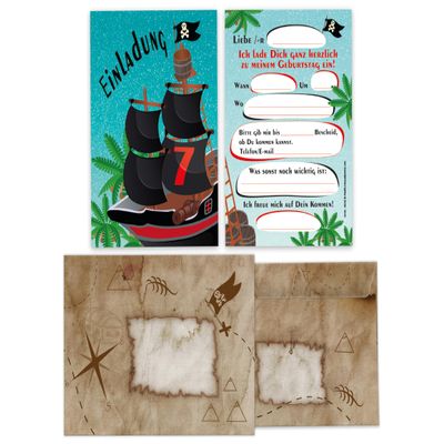 Limonia 6 Invitation Cards with 6 Envelopes for a 7th Birthday Pirate Treasure Hunt Party