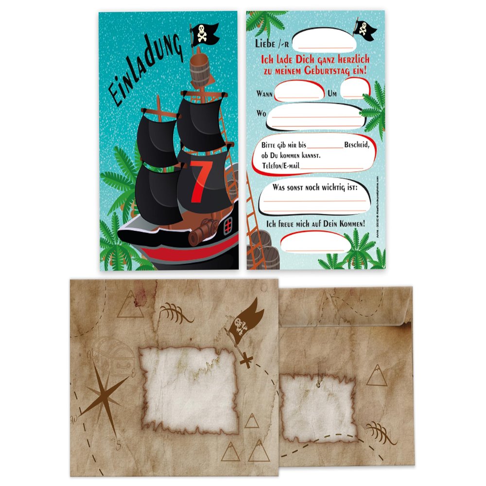 Limonia 6 Invitation Cards with 6 Envelopes for a 7th Birthday Pirate Treasure Hunt Party