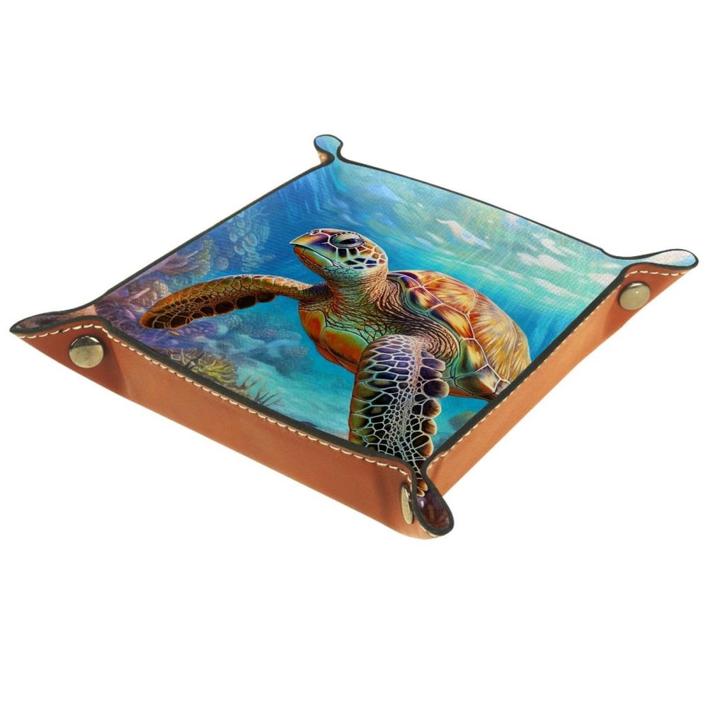 Seaworld Turtle Coral Reef Foldable Brown Leather Valet Catchall Organizer