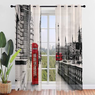 Odot Sheer Voile Curtains, 2-Piece Set, London Cityscape Print, 140 x 275 cm