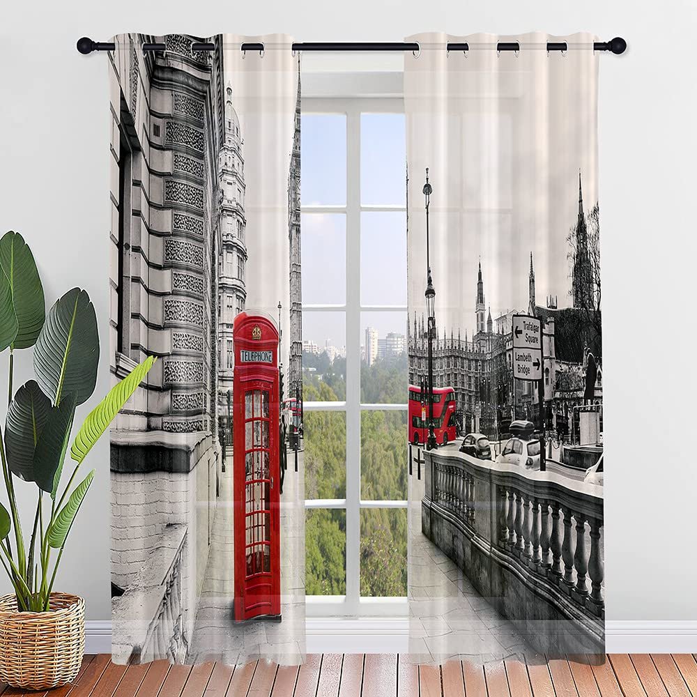 Odot Sheer Voile Curtains, 2-Piece Set, London Cityscape Print, 140 x 275 cm