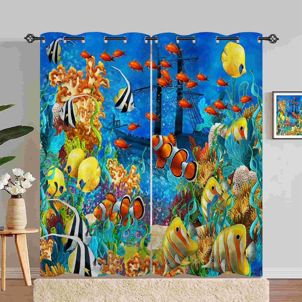 ANHOPE Ocean Tropical Fish Coral Blackout Curtains, Thermal Curtains for Kids, 2-Piece Set, 82.7" H x 52" W