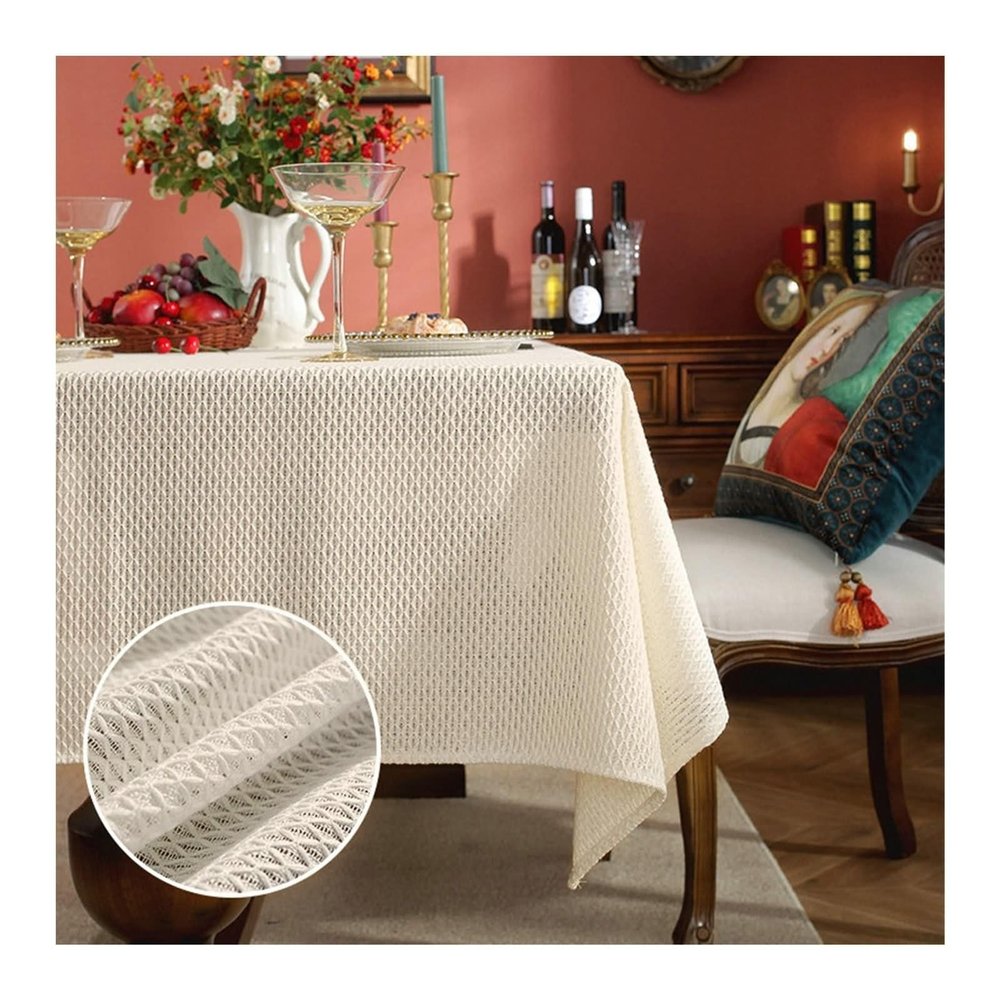 Aotiwe Camping Boho Tablecloth, 90 x 90 cm Checkered Outdoor Tablecloth, White Cotton-Linen Decor