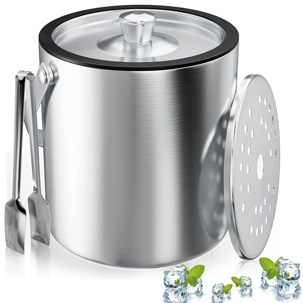 2 L Stainless Steel Ice Bucket with Strainer and Tongs
