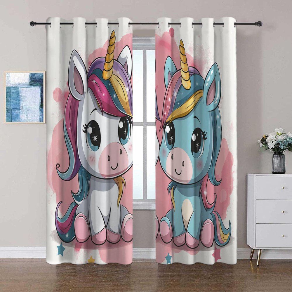 Pink Cartoon Unicorn Blackout Curtains, 2-Piece Set, W117 x H183 cm