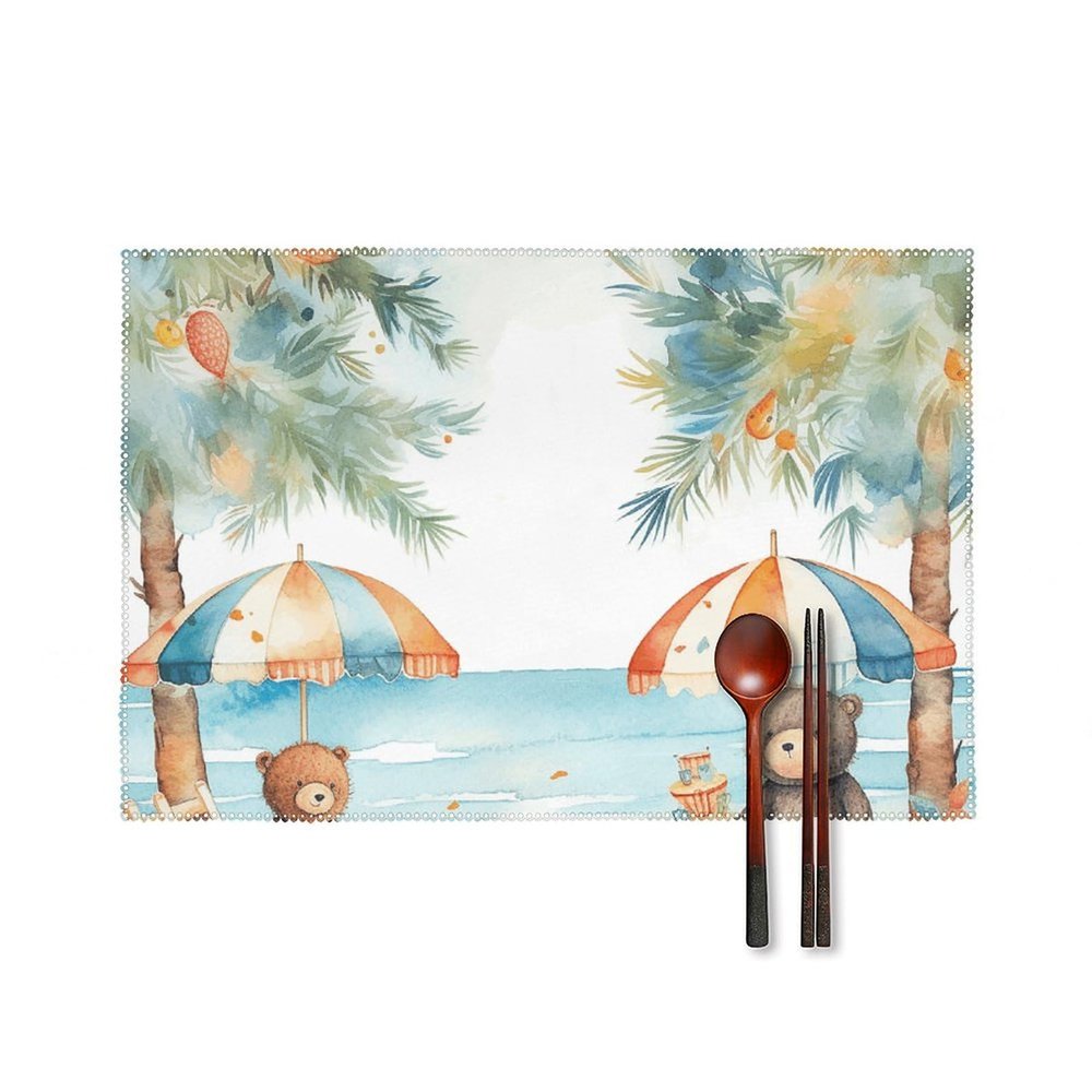 Washable Placemat Set, Heat-Resistant, Beach Umbrella and Bear Design, 6-Piece