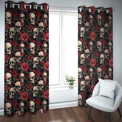 TOANGWALL Modern Art Blackout Curtains with Skull and Red Rose, 2 Panels, W140 x H245 cm