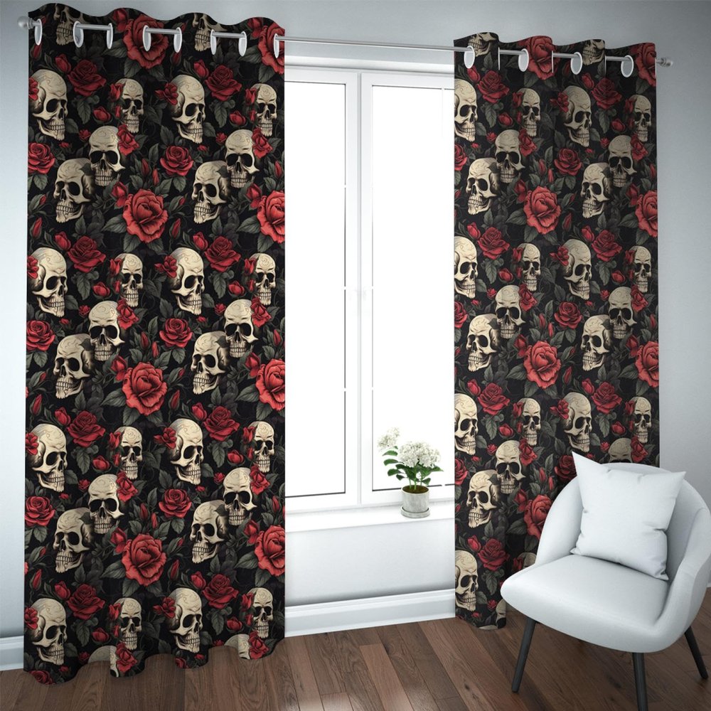 TOANGWALL Modern Art Blackout Curtains with Skull and Red Rose, 2 Panels, W140 x H245 cm