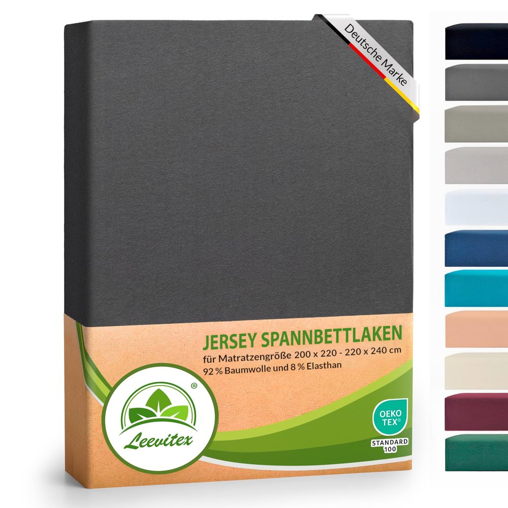 leevitex Luxury Elastane Jersey Fitted Sheet | 200x220–220x240 cm | Multistretch | 250 g/m² | 92% Mako Cotton, 8% Elastane | 40 cm Pocket Depth | Anthracite