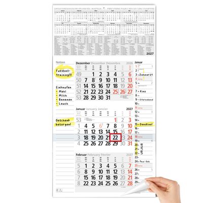TOBJA 2027 3-Month Wall Calendar with Notes & Daily List, 30 x 56 cm