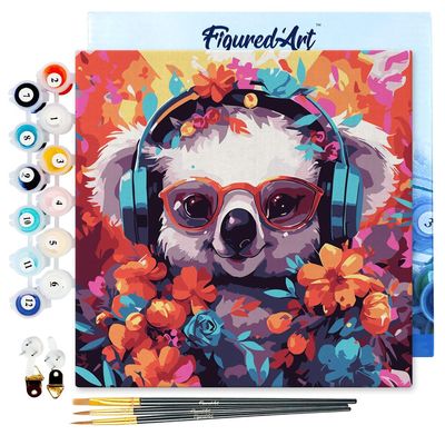 Figured'Art Mini Paint by Numbers for Adults, 20 x 20 cm, Framed – Fantasy Koala and Flowers