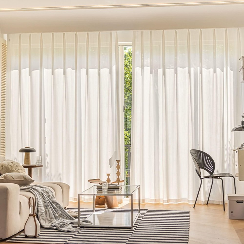 Bishilin Sheer Curtains, 2-Piece Set, 132 x 214 cm, Solid Color with Wave Pattern