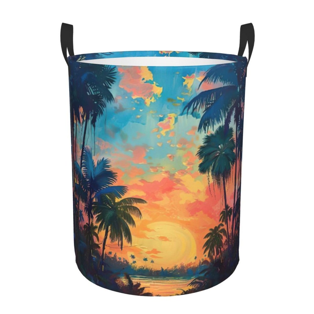 Foldable Laundry Basket with Tropical Sunset Design, Waterproof