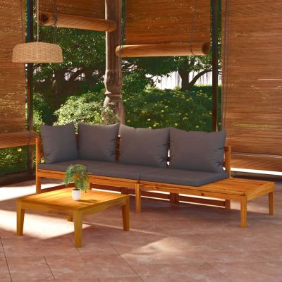 LAPOOH 3-Piece Garden Lounge Set with Dark Gray Cushions, Solid Acacia Wood