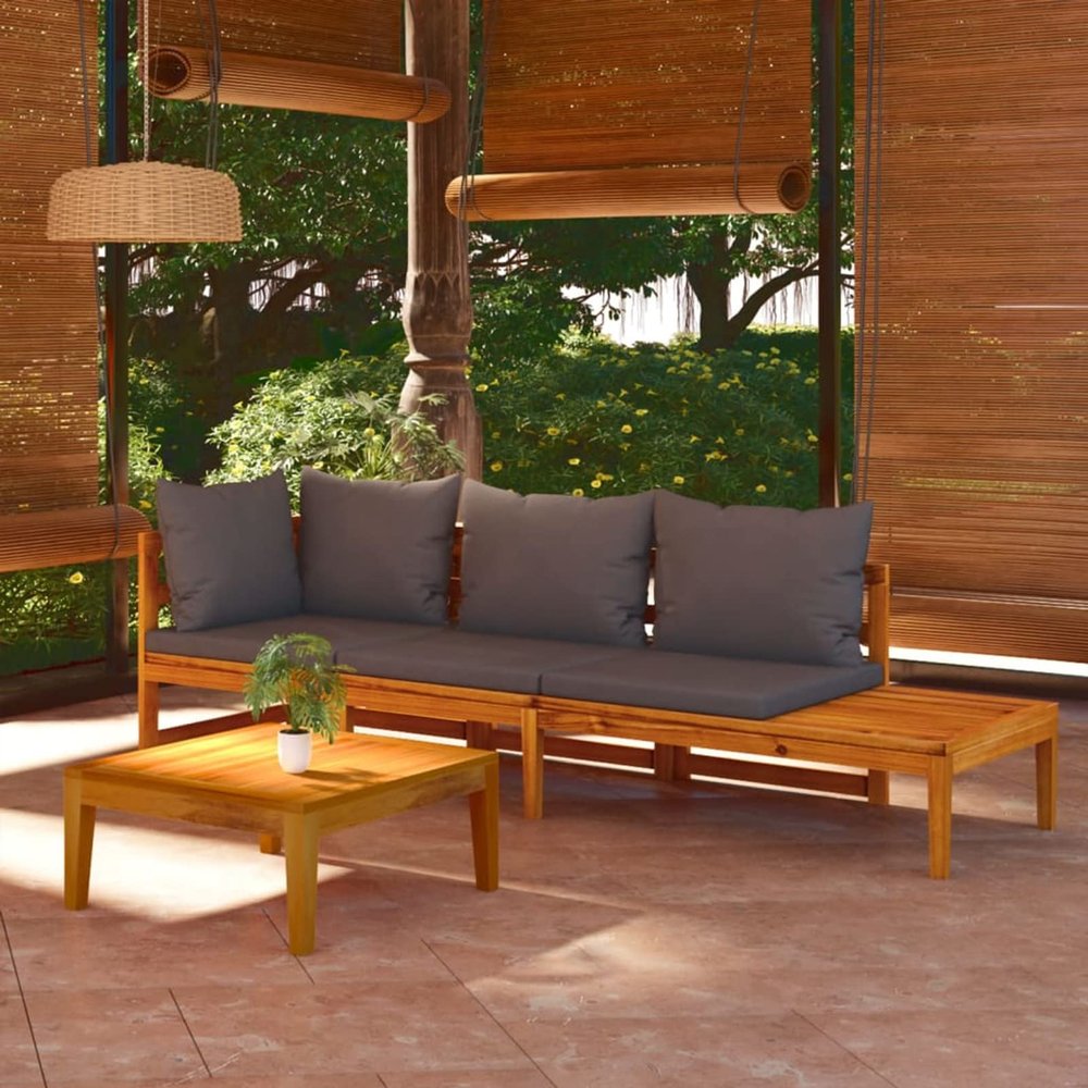LAPOOH 3-Piece Garden Lounge Set with Dark Gray Cushions, Solid Acacia Wood