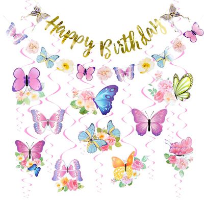 Butterfly Birthday Party Decorations with Hanging Swirls