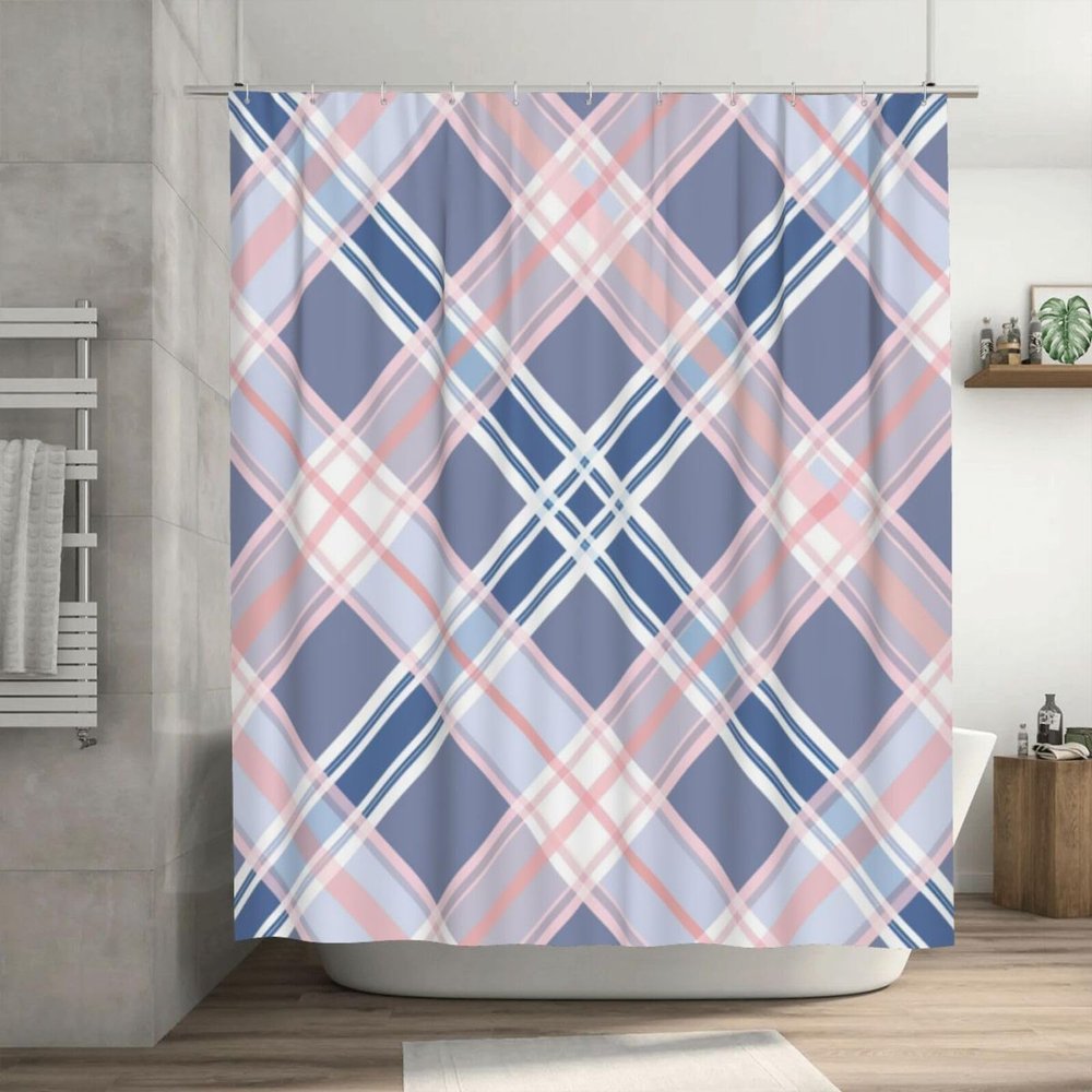 Mexpekil Waterproof Pink and Gray Plaid Shower Curtain, 72 x 72 in, with 12 Plastic Hooks