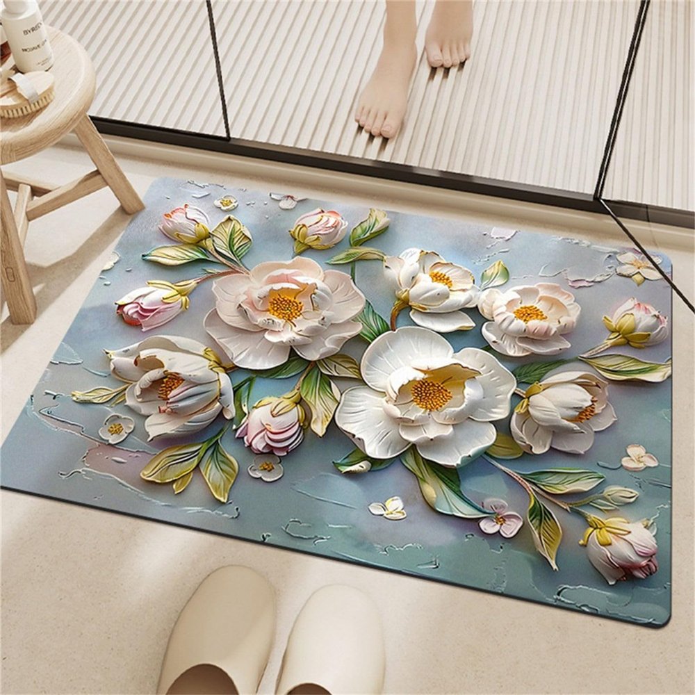 Chickwin Non-Slip Diatomite Bath Mat, 3D White Flowers, Quick-Drying, 40 x 60 cm