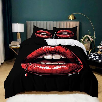 Red Artistic Lips 3-Piece Bedding Set, 180 x 200 cm, Black