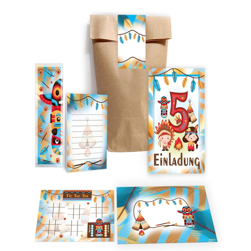Limonia 12 Invitations for a 5th Birthday Party, Unisex Kids' Design, with Envelopes, Gift Bags, Stickers, Bookmarks, Notepads & Tic-Tac-Toe Games