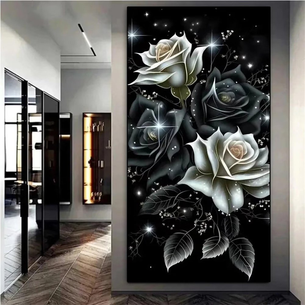 Jinmer 5D Diamond Painting Kit for Adults, Black and White Roses, Full Drill, Round Diamonds, 100 x 200 cm