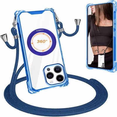 xinyunew 360° Rotating Ring Case with Lanyard for iPhone 14 Pro Max, MagSafe Compatible, Blue