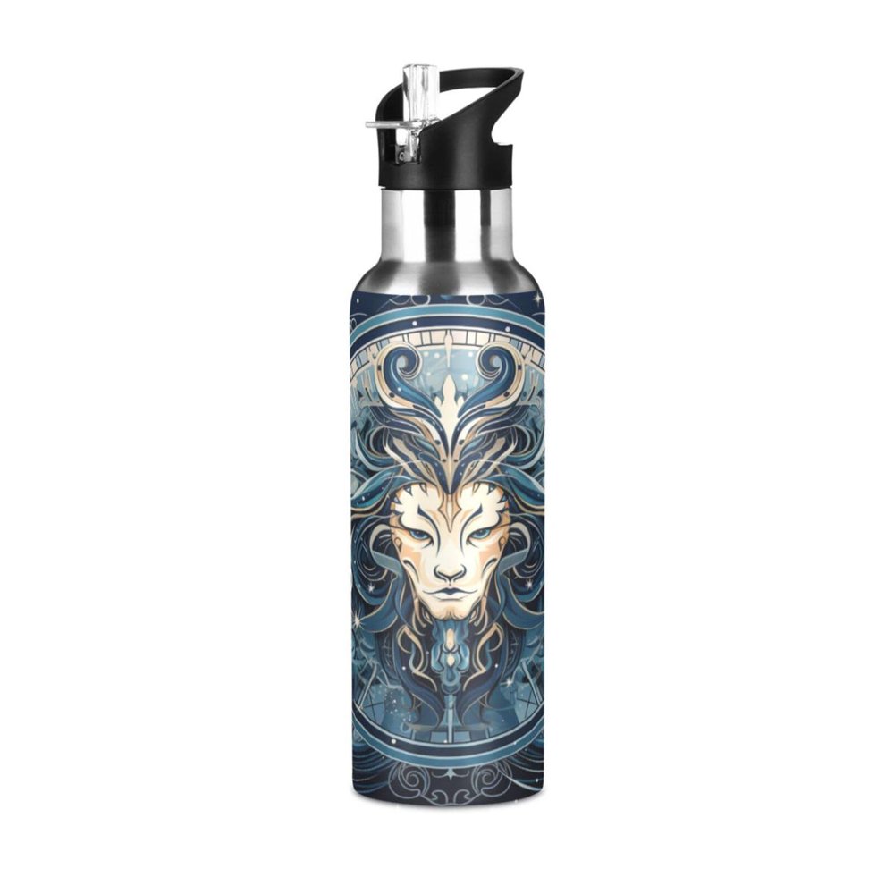Leo Zodiac Sign Water Bottle with Straw, 18/8 Stainless Steel Vacuum-Insulated Thermos Bottle, BPA-Free, 600 mL/1 L