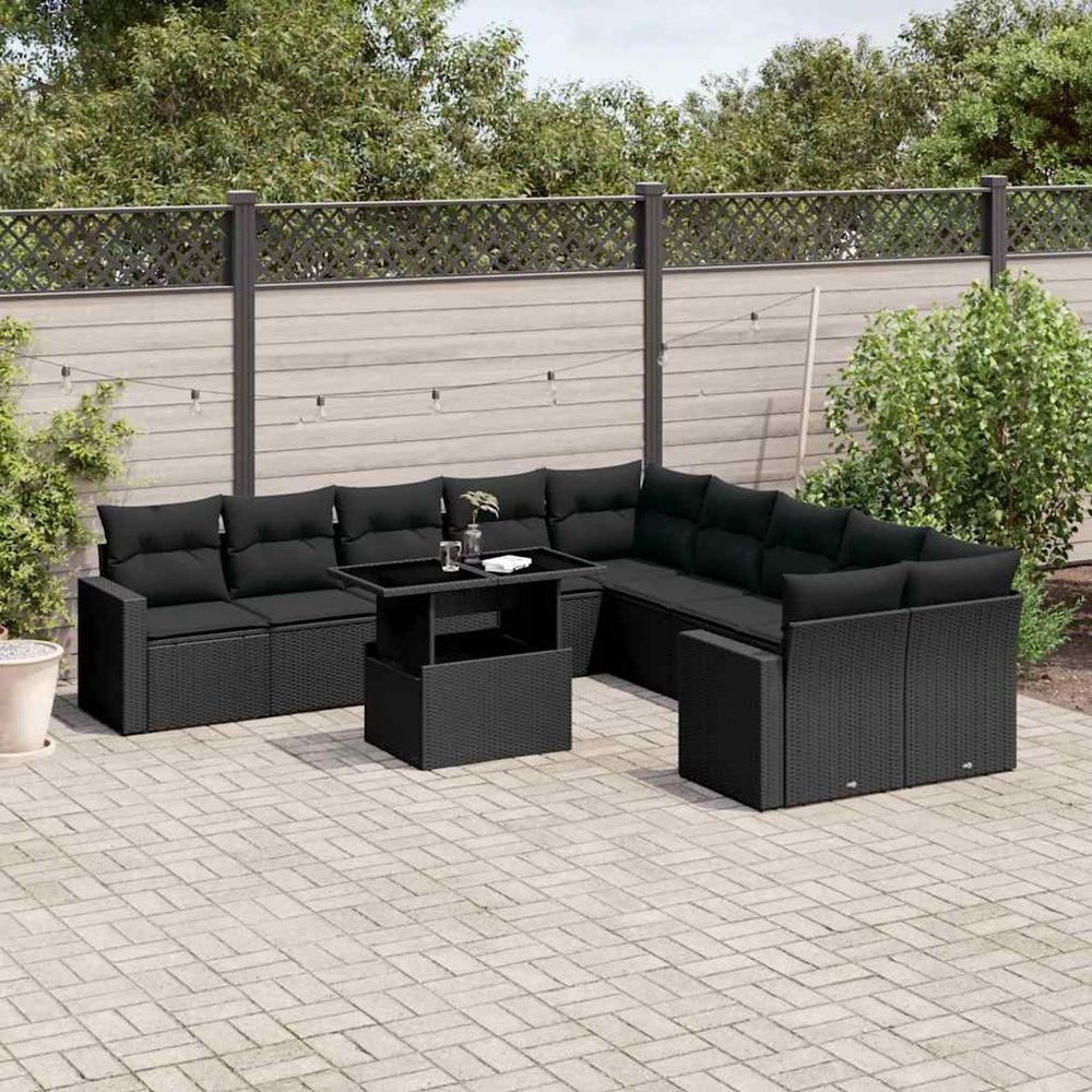 Rantry 11-Piece Black Poly Rattan Garden Sofa Set with Cushions