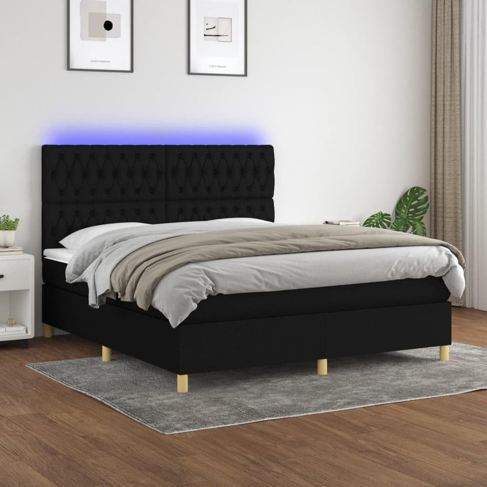 Homgoday Modern Box Spring Bed with Mattress and LED, Black, 180 x 200 cm, Fabric