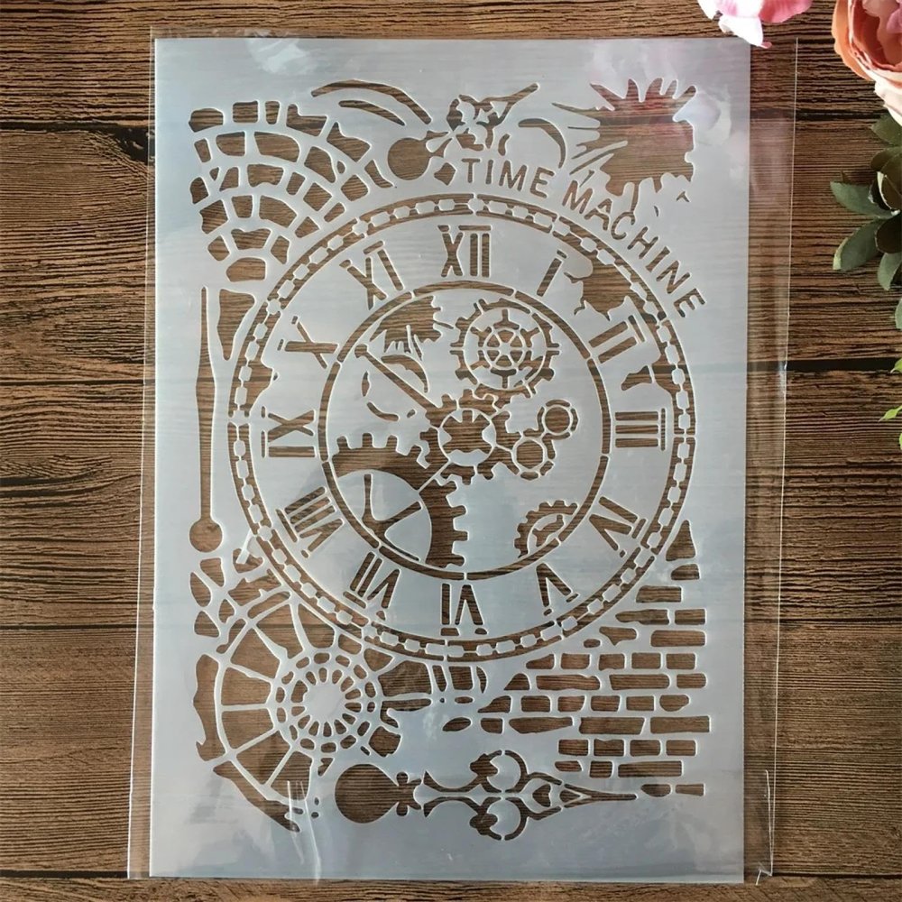 Painting Stencils for Wood, A4, 29 cm, Vintage Style, Clock, Brick Wall, Reusable Craft and Wall Stencils