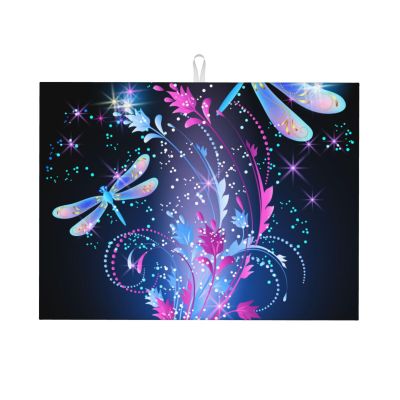 Microfiber Dish Drying Mat, Neon Dragonflies, Heat-Resistant, Absorbent, 45.7 x 61 cm