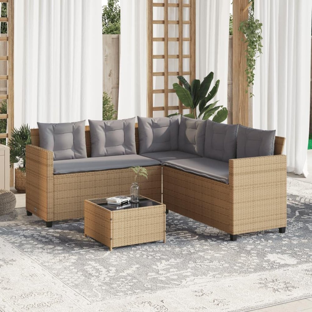 Homgoday Beige Poly Rattan L-Shaped Patio Sofa Set with Table and Cushions