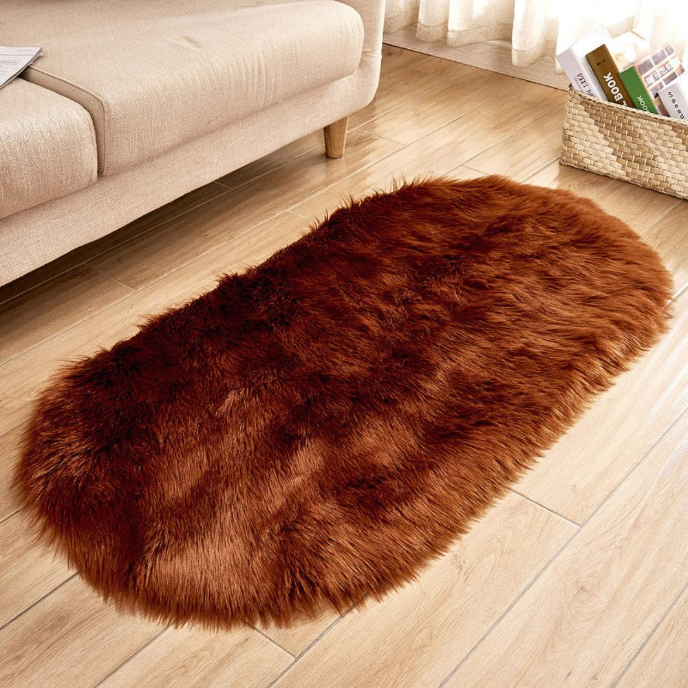 YUGWNN Brown Faux Fur Rug, Oval, 40 x 60 cm (15.7 x 23.6 in)