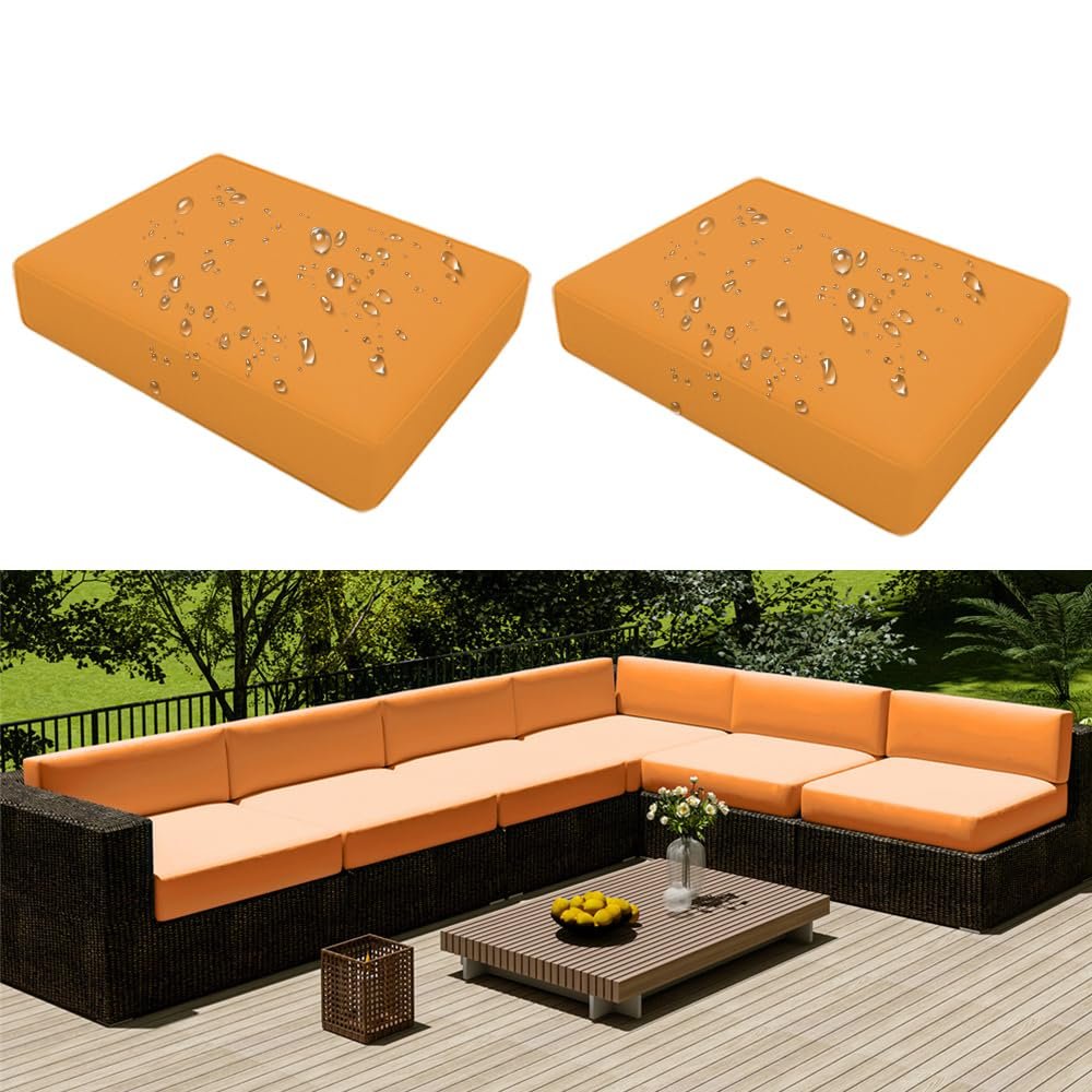 Hiseng Outdoor Sofa Seat Cushion Covers, 2-Piece Set, Waterproof, Zippered, 60 x 55 x 10 cm, Orange
