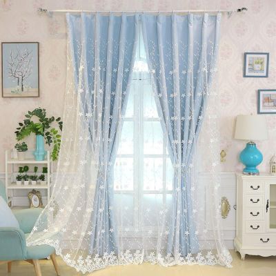 Homxi Blackout Curtains for Kids' Room, 2-Pack, 34" W x 45" H, Blue Thermal Curtains with Floral Embroidery and Hook Top